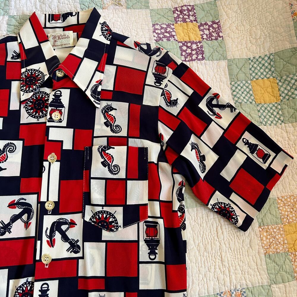 Vintage 60s Novelty Print Nautical Dagger Collar Jersey Knit Shirt S M
